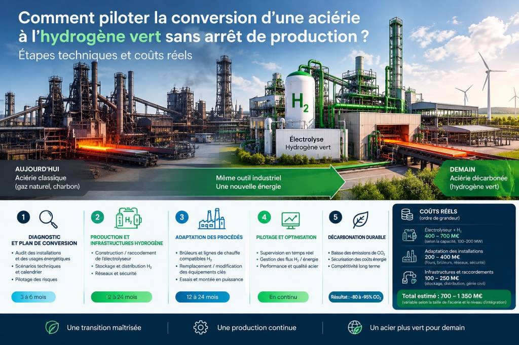 Comment piloter la conversion d'une aciérie à l'hydrogène vert sans arrêt de production : étapes techniques et coûts réels